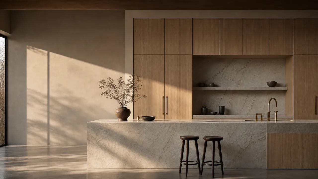 White oak kitchen with a stone island and long raking shadows