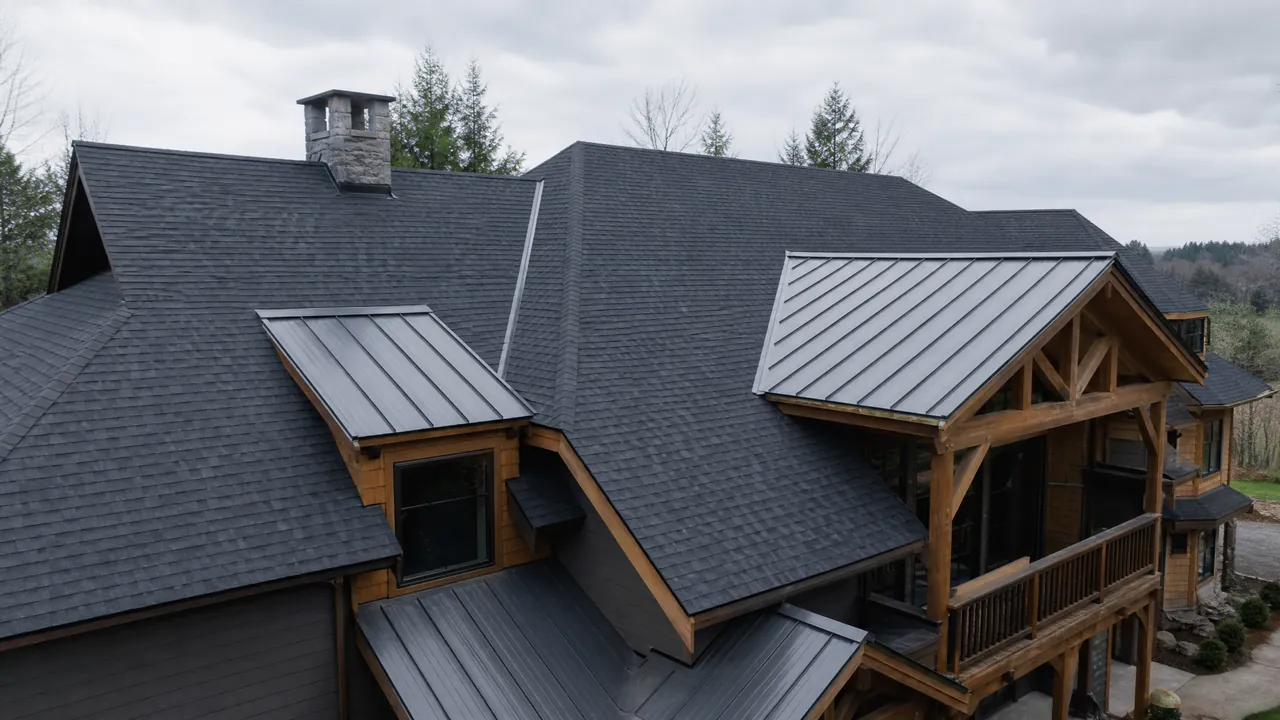 Dark shingled residential roof with clean ridge geometry under overcast sky