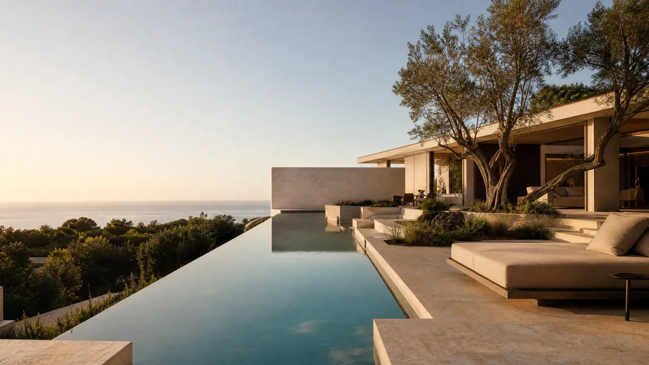 Infinity pool at golden hour beside a low California-modern house